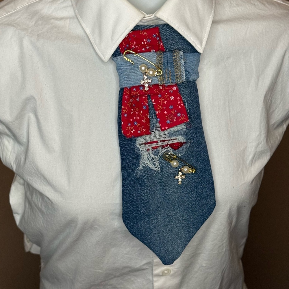 Unique Denim And Red Patchwork Tie - image 3